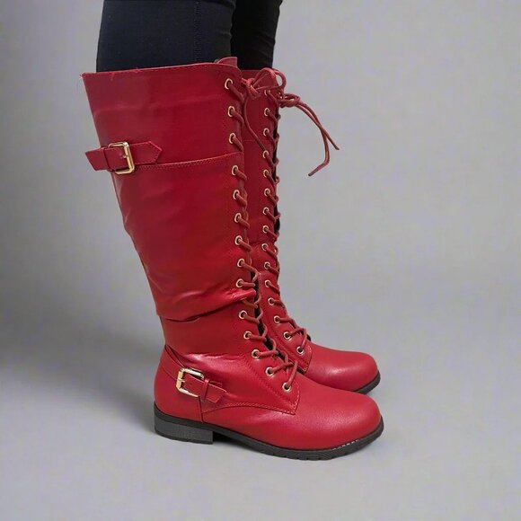 New Red Lace-Up Below Knee High Combat Moto Boot Low Block Heel Faux Leather Zip - Picture 2 of 4